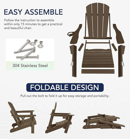 Oversized Adirondack Chair with Footrest, Folding Outdoor Chair with Ottoman and Cup Holder, Weather Resistant Fire Pit Chairs for Outside, Patio, Lawn, Garden, Backyard Deck, Porch, Pool