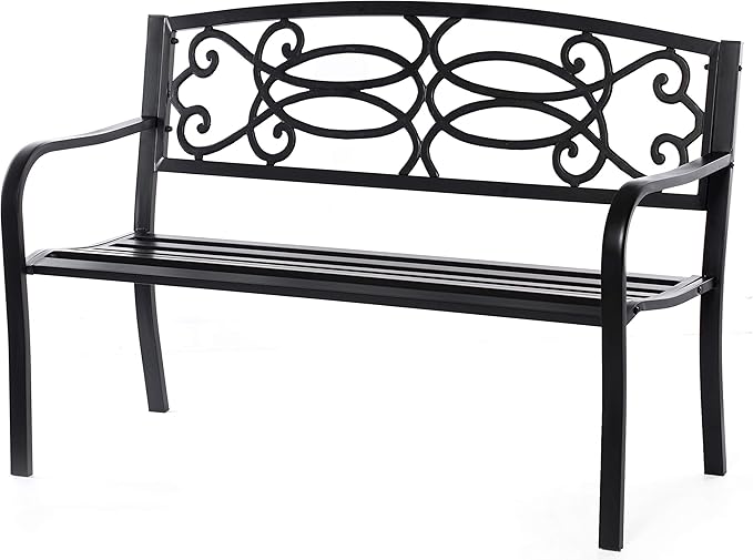 Gardenised QI003772 Steel Outdoor Patio Garden Park Seating Bench with Cast Iron Scrollwork Backrest, Front Porch Yard Bench Lawn Decor