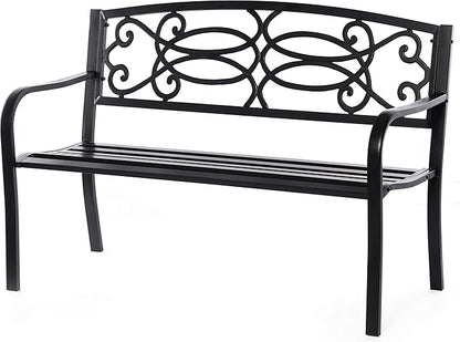 Gardenised QI003772 Steel Outdoor Patio Garden Park Seating Bench with Cast Iron Scrollwork Backrest, Front Porch Yard Bench Lawn Decor