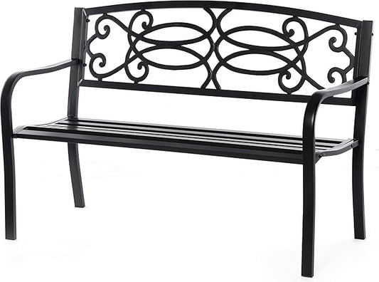 Gardenised QI003772 Steel Outdoor Patio Garden Park Seating Bench with Cast Iron Scrollwork Backrest, Front Porch Yard Bench Lawn Decor