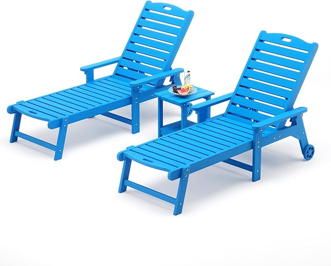 LUE BONA Outdoor Lounge Chair Set with Table, 3-Piece, HDPS Chaise Lounge Outdoor with Wheels, 5 Positions Adjustable Pool Lounger Chairs for Outside, Patio, Deck, Blue