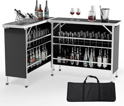 VINGLI 43" Portable Bar Table, 3-Tier Shelves, Carry Bag，Mobile Bar Table for Events, Party, Camping, Picnic, Tradeshow, Outdoor & Indoor with Black Skirt(2, 43") (2) (Black-2P, 43")