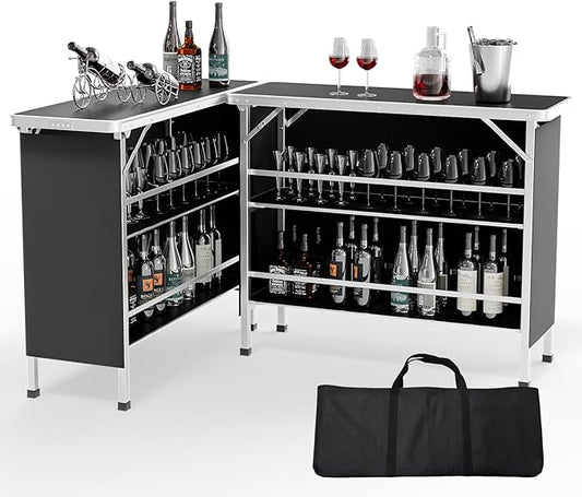 VINGLI 43" Portable Bar Table, 3-Tier Shelves, Carry Bag，Mobile Bar Table for Events, Party, Camping, Picnic, Tradeshow, Outdoor & Indoor with Black Skirt(2, 43") (2) (Black-2P, 43")