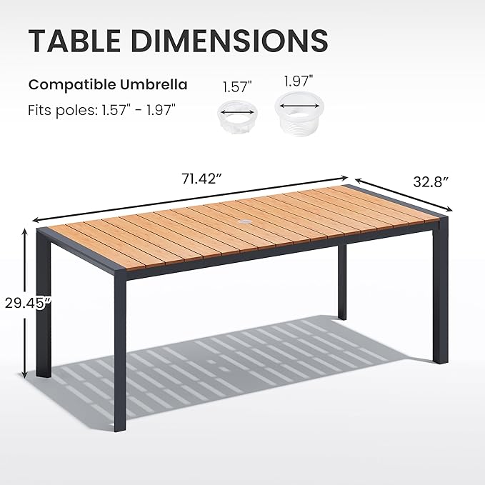 Crestlive Products Outdoor Dining Table for 6, 71in Aluminum Patio Table with Umbrella Hole Weather-Resistant Rectangle Outside Table for Garden Backyard Indoor, Brown