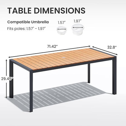 Crestlive Products Outdoor Dining Table for 6, 71in Aluminum Patio Table with Umbrella Hole Weather-Resistant Rectangle Outside Table for Garden Backyard Indoor, Brown