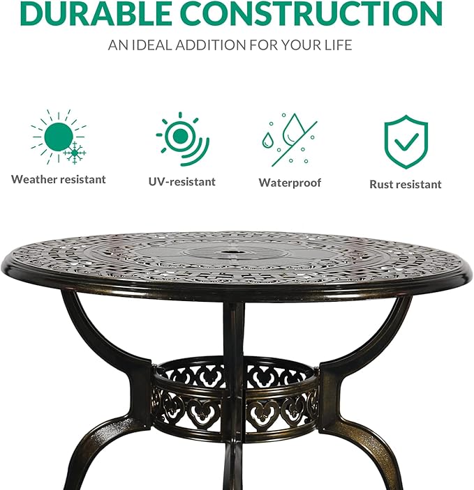 VIVIJASON 38.5" Patio Bistro Table Outdoor Dining Round Table Bronze Cast Aluminum Table with Umbrella Hole