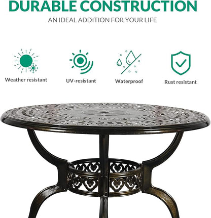 VIVIJASON 38.5" Patio Bistro Table Outdoor Dining Round Table Bronze Cast Aluminum Table with Umbrella Hole