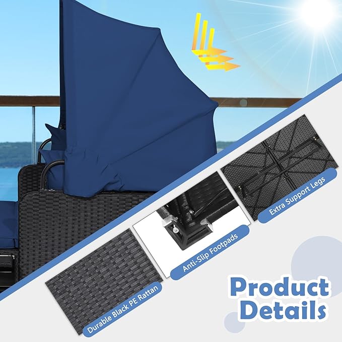 LDAILY Moccha Outdoor Daybed with Retractable Canopy, Wicker Cabana with 2 Side Tables & Soft Cushions,Hand-Woven PE Rattan Bed Lounger, Patio Sectional Furniture Set for Garden Backyard Porch (Navy)