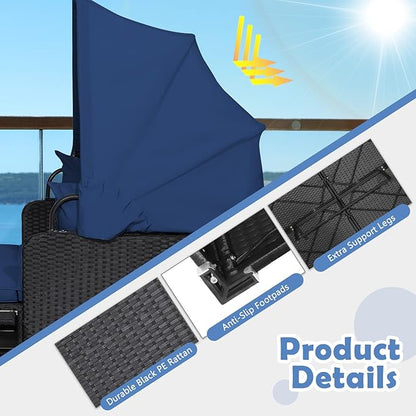 LDAILY Moccha Outdoor Daybed with Retractable Canopy, Wicker Cabana with 2 Side Tables & Soft Cushions,Hand-Woven PE Rattan Bed Lounger, Patio Sectional Furniture Set for Garden Backyard Porch (Navy)