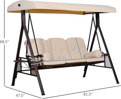 Outsunny 3-Seat Patio Swing Chair, Outdoor Porch Swing Glider with Adjustable Canopy, Removable Cushion, Pillows and Side Trays, for Garden, Poolside, Backyard, Beige