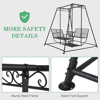 Kinfant 4-Seat Outdoor Patio Swing Chair with Stand, Heavy Duty 880 LBS Weight Capacity Metal Swing Bench with Table, 87”Height Porch Swings Set for Patio Garden Backyard, Steel