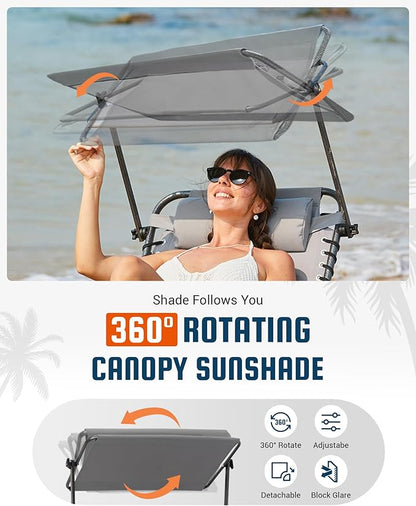 KingCamp Lounge Chair with face Hole & Canopy Shade, 400LBS Folding Portable Tanning Chair with face Hole, Adjustable 5-Position Foldable Beach Sun Tanning Chair for Outside Beach Patio Outdoor Pool