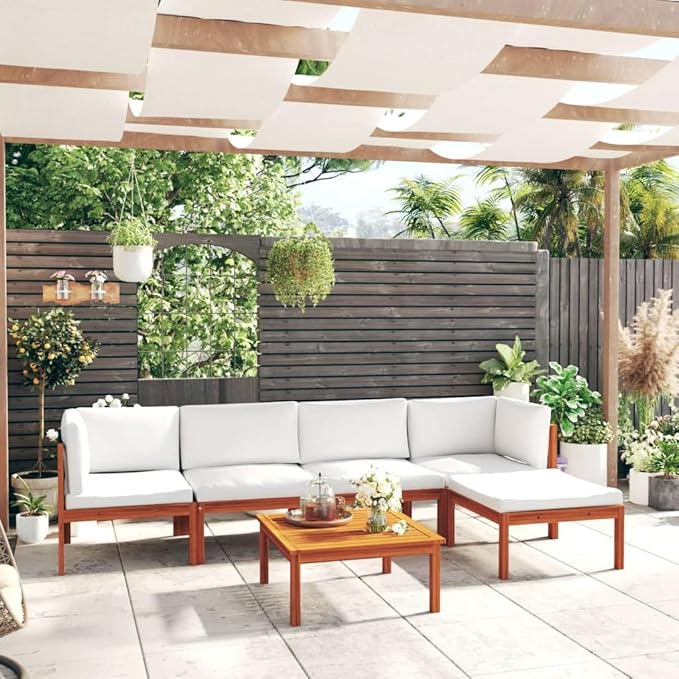 6-Piece Acacia Wood Modular Garden Lounge Set with Weather-Resistant Cushions, Corner Sofas, Coffee Table, and Footrest for Outdoor Patio Arrangement