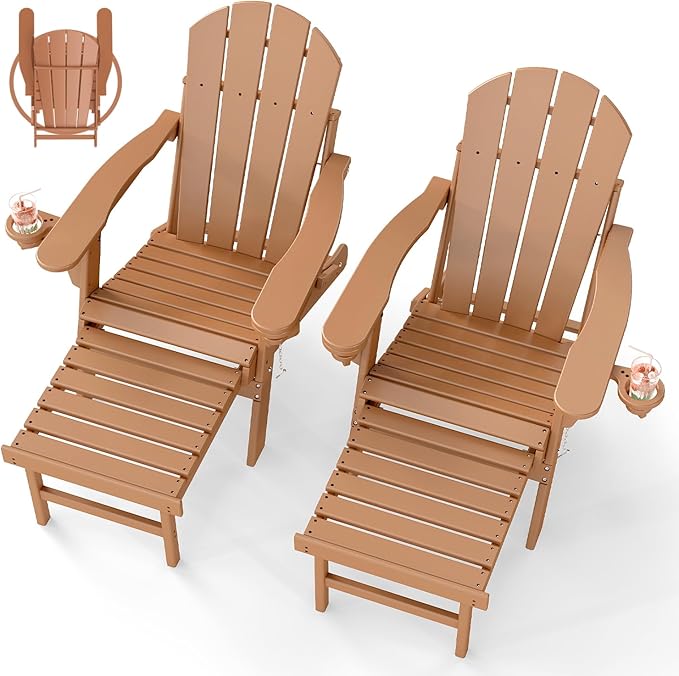 BRIOPAWS Adirondack-Chairs-with-Pull-Out-Footrest | Set of 2 | Folding | HDPE Plastic | Fire Pit Chair | All Weather | Cup Holders | Curved Back | Retractable Ottoman | for Poolside Deck | Teak