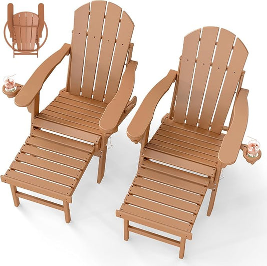 BRIOPAWS Adirondack-Chairs-with-Pull-Out-Footrest | Set of 2 | Folding | HDPE Plastic | Fire Pit Chair | All Weather | Cup Holders | Curved Back | Retractable Ottoman | for Poolside Deck | Teak