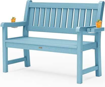 YEFU Outdoor Bench for Patio Waterproof: Heavy Duty 2-Person Garden Bench with 2 Cup Holders & Oversized Seating - HIPS Weatherproof Patio Benches for Front Porch Backyard Park, Blue