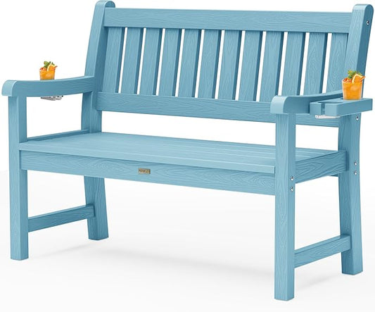 YEFU Outdoor Bench for Patio Waterproof: Heavy Duty 2-Person Garden Bench with 2 Cup Holders & Oversized Seating - HIPS Weatherproof Patio Benches for Front Porch Backyard Park, Blue