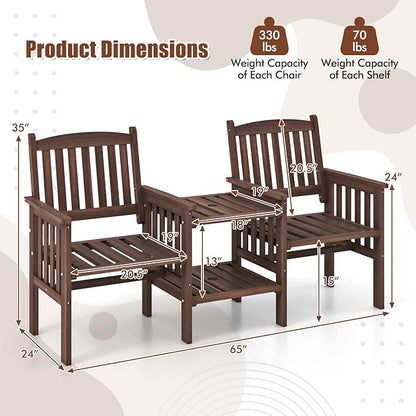 Tangkula Outdoor Fir Wood Loveseat with 2-Tier Side Table and Umbrella Hole, 2-Seater Patio Garden Bench with Armrests and Slatted Seats, Outdoor Table and Chairs Set for Porch and Balcony