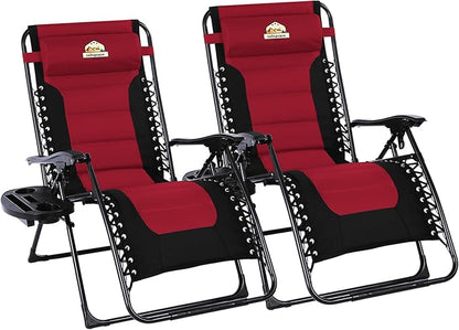 Oversized Padded Zero Gravity Lounge Chair Set of 2, Foldable Patio Anti Gravity Reclining Chairs Folding Lawn Recliner with Cup Holder for Yard, Camping, Outdoor, Support 350 LBS, Burgundy