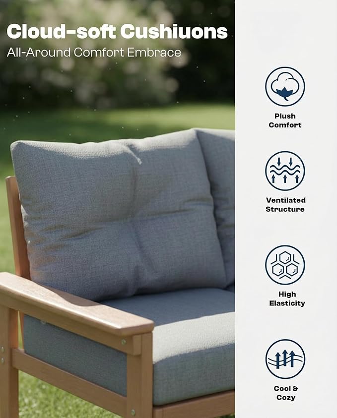 Teak HDPE Patio Sofa Set, 3-Piece Sectional Outdoor Patio Furniture Set - Photo 5