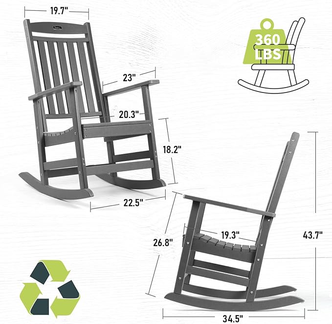 FUNBERRY Outdoor Rocking Chairs Set of 2, HDPE All Weather Poly Lumber Rocker, High Back Patio Rockers Easy Assembly