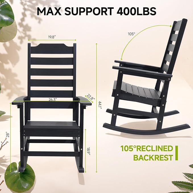 Rocking Chair Set of 2,All Weather Courtyard for Outside Balcony Gardens，High Back Outdoor Rocking Chair with 360lbs，Black