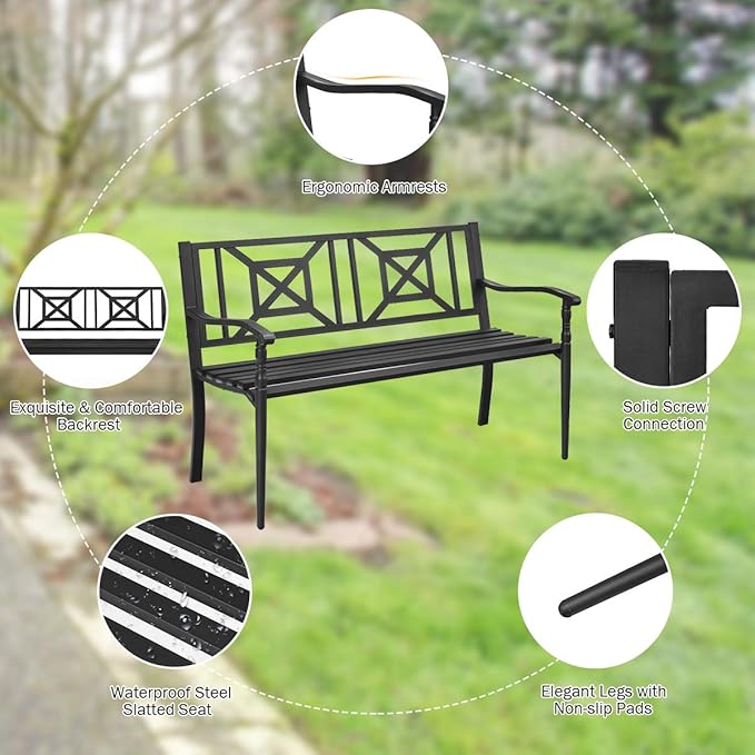 S AFSTAR Outdoor Garden Bench, Metal Porch Bench Seat with Slated Seat & Decorative Backrest - Photo 5