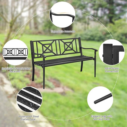 S AFSTAR Outdoor Garden Bench, Metal Porch Bench Seat with Slated Seat & Decorative Backrest, 2-Person Loveseat for Patio Garden, Powder Coated Iron Frame, Patio Bench Front Door Bench for Outside