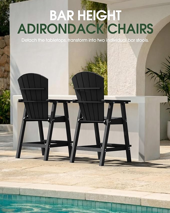 Tall Adirondack Chairs Set of 4, HDPE High Adirondack Chairs with Double Removable Trays, All Weather Outdoor Barstools for Patio, Balcony, Backyard, Deck and Garden, Black