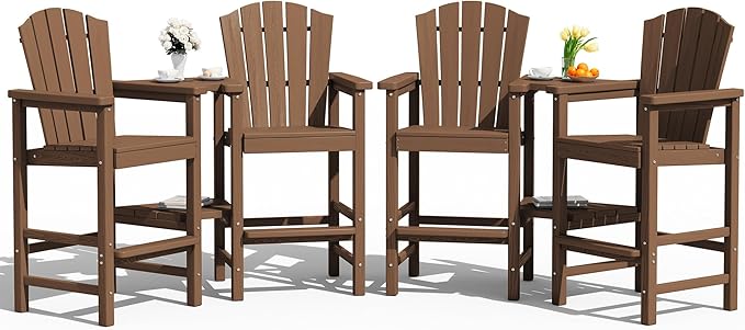 KINGYES Tall Adirondack Chair Set of 4, All Weather HDPE Embossed Balcony Height Chair with Double Connecting Trays, Tall Poly Adirondack Chair, High Airondack Chair with Wood Grain, Garden, Brown
