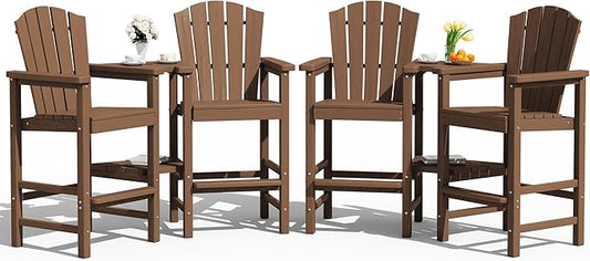 KINGYES Tall Adirondack Chair Set of 4, All Weather HDPE Embossed Balcony Height Chair with Double Connecting Trays, Tall Poly Adirondack Chair, High Airondack Chair with Wood Grain, Garden, Brown