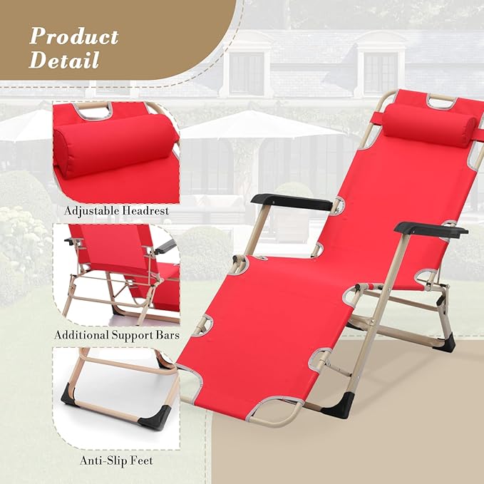 Athena Collection Zero Gravity Outdoor Lounge Chair with Headrest, 26" Width Reclining Pool Lounge Lawn Chairs Recliner, Outdoor Chaise for Beach Patio Backyard Outside, Red