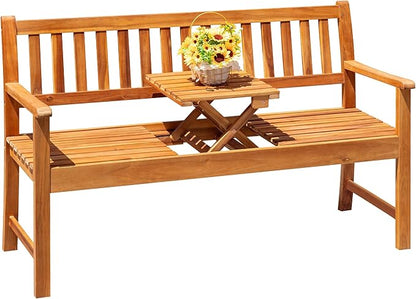 Devoko Outdoor Bench, 2-Person Garden Bench, Patio Wood Bench Outdoor Loveseat with Pull-Out Center Table for Backyard, Balcony and Patio and Garden (Log Color)