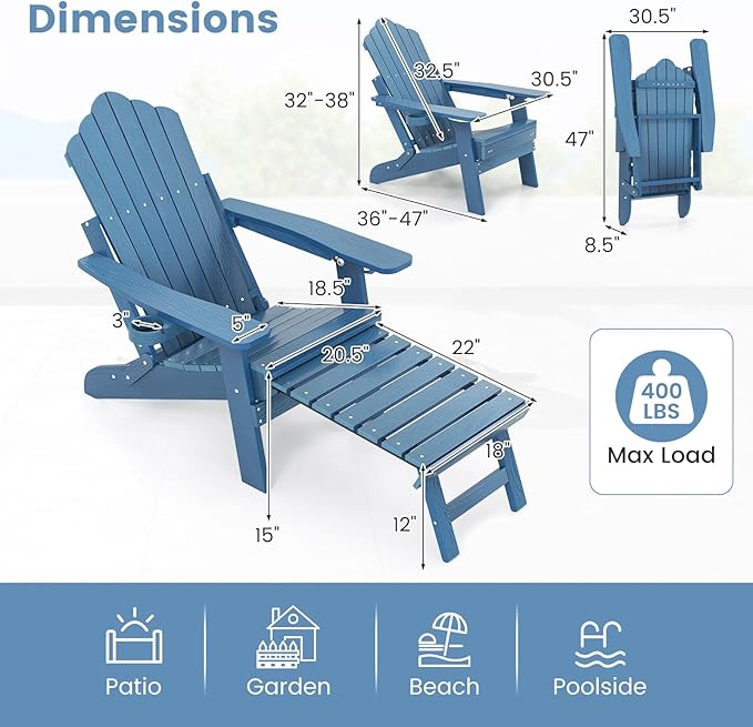 Giantex Folding Adirondack Chair, All-Weather Lounge Chair with Adjustable Backrest, Retractable Ottoman, Cup Holder, HIPS Fire Pit Chair for Lawn, Pool, Patio, Porch (1, Navy)