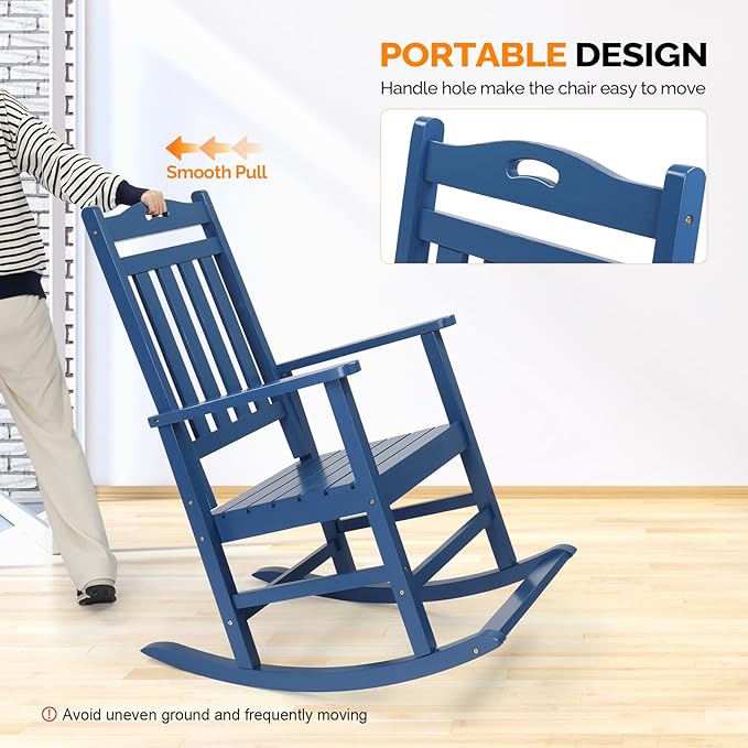 VINGLI Outdoor Rocking Chair with Footrest, Wooden Rocking Chair with 450 LBS Weight Capacity, Patio Rocker with Comfortable Backrest for Garden, Yard (Navy Blue, 2PCS)