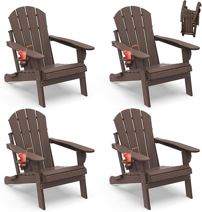 IVY&LANE Folding-Adirondack-Chair-Set-of-4 | HDPE Plastic | Dark Brown | Outdoor Fire Pit Chair with Cup Holder | Poly | Weather Resistant | for Patio Deck Poolside Garden Beach