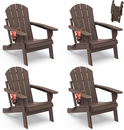 IVY&LANE Folding-Adirondack-Chair-Set-of-4 | HDPE Plastic | Dark Brown | Outdoor Fire Pit Chair with Cup Holder | Poly | Weather Resistant | for Patio Deck Poolside Garden Beach