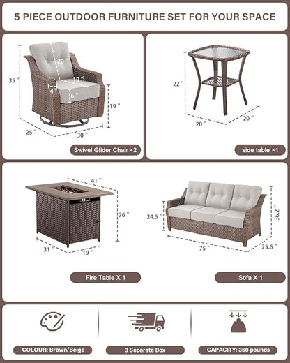 Belord Wicker Patio Furniture Set with 41” Fire Pit Table - Swivel Rocker Glider Outdoor Chairs with Sofa and Glass Top Side Table, All-Weather Removable 6" Beige Seat Cushion for Warm Patio Evenings
