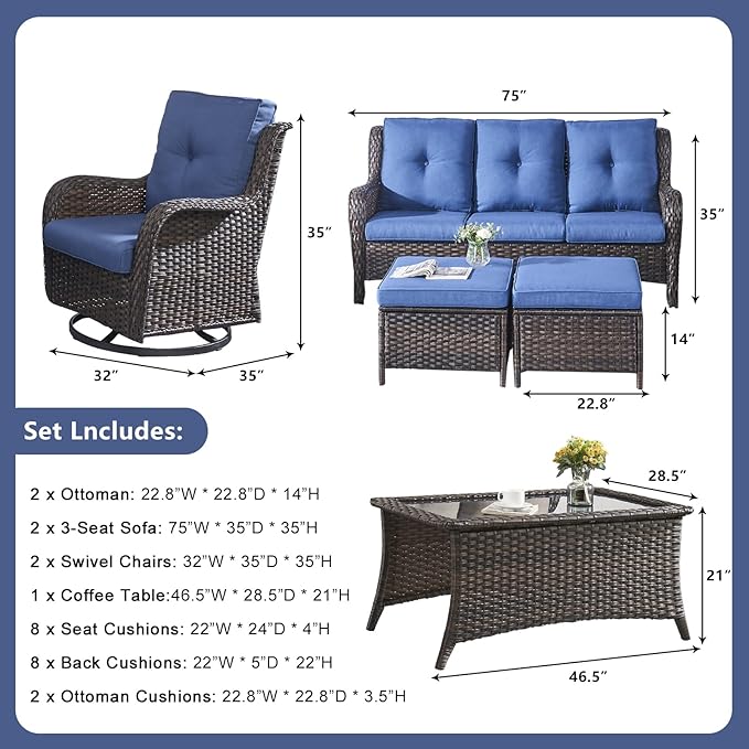 Rilyson Wicker Patio Furniture Set - 7 Piece Rattan Outdoor Sectional Conversation Sets with 2 Rocking Swivel Chairs - Photo 3