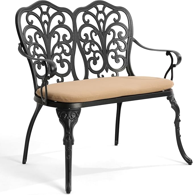 HOMEFUN Outdoor Bench with Cushion - Patio Garden Benches Metal Loveseat Butterfly Cast-Aluminum Outside Furniture for - Photo 1
