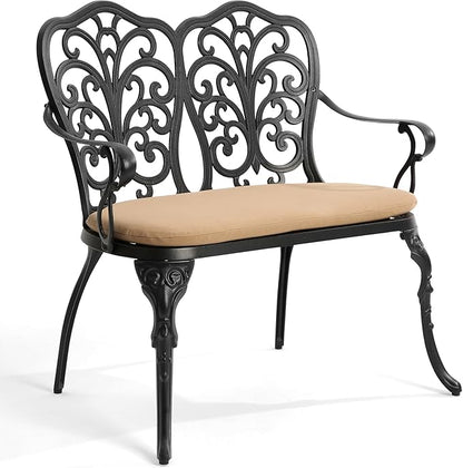 HOMEFUN Outdoor Bench with Cushion - Patio Garden Benches Metal Loveseat Butterfly Cast-Aluminum Outside Furniture for Park Lawn Front Porch Black