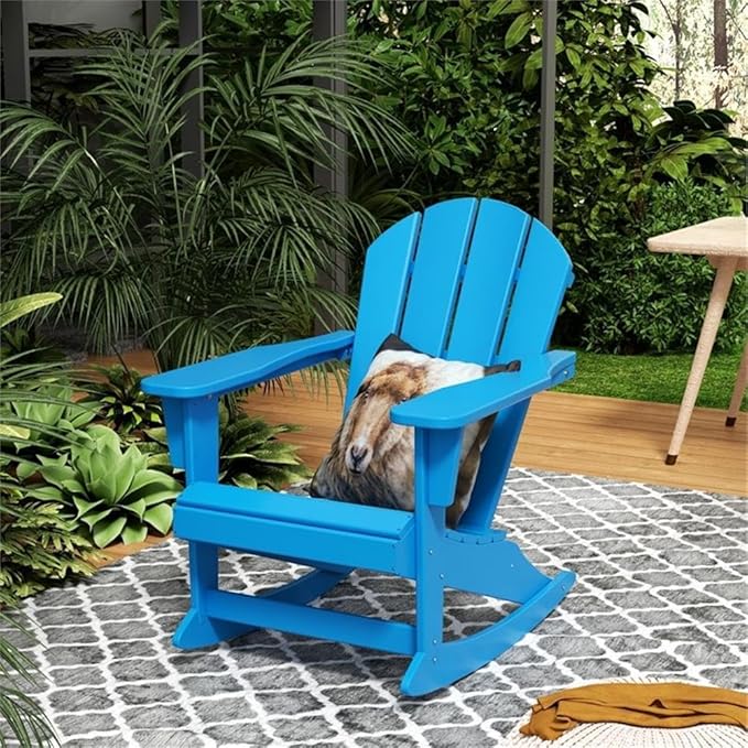 Costaelm Outdoor Adirondack Chair, All Weather Resistant Classic Balcony Chair and Fire Pit Chairs, Adirondack Plastic Outdoor Porch Furniture Rocking Chair High Back HDPE Poly Lumber, Pacific Blue