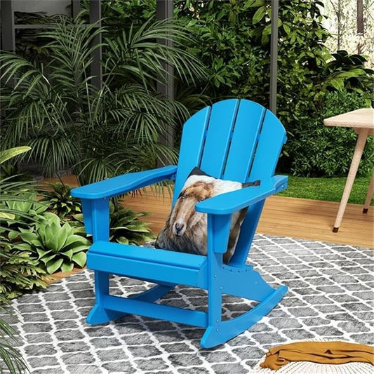 Costaelm Outdoor Adirondack Chair, All Weather Resistant Classic Balcony Chair and Fire Pit Chairs, Adirondack Plastic Outdoor Porch Furniture Rocking Chair High Back HDPE Poly Lumber, Pacific Blue