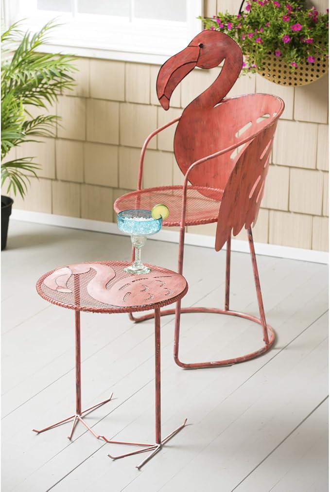 Cape Craftsmen Beautiful Springtime Brushed Metallic Flamingo Chair and Side Table, Set of 2-22 x 18 x 38 Inches Fade and Weather Resistant Decoration for Homes, Apartments, Yards and Gardens