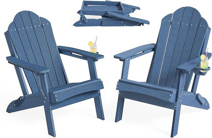 LUE BONA Folding Adirondack Chair, Chairs Set of 8, Cup Holder, Woodgrain, Fire Pit, Patio, Pool, Blue