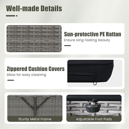 LDAILY Moccha Outdoor Daybed, Wicker Loveseat Sofa Set with 4-Postion Adjustable Backrest, Storage Ottoman, Cushions, Rattan Double Bed Lounger, Patio Furniture Set (Mixed Gray+Black)