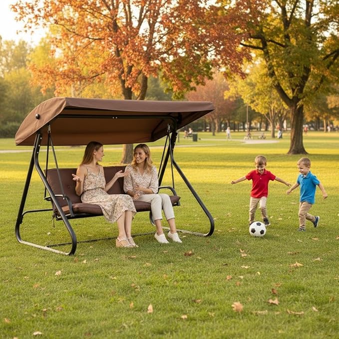 3-Seat Outdoor Convertible Swing Glider with Adjustable Canopy, 2-in-1 Bench to Flat Bed, Removable Cushions - Photo 9