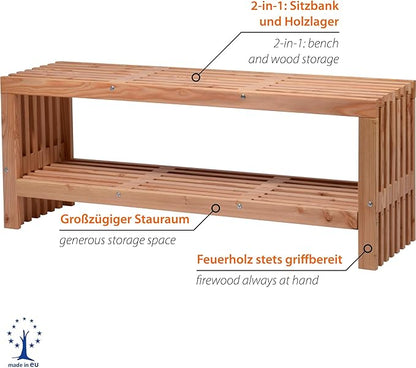 dobar® Green Label Freja 29109FSCe Garden Bench with Firewood Compartment Modern Bench with Storage Space Robust Douglas Fir Wood with Protective Glaze Solid Wooden Bench 115 x 30 x 45 cm Natural