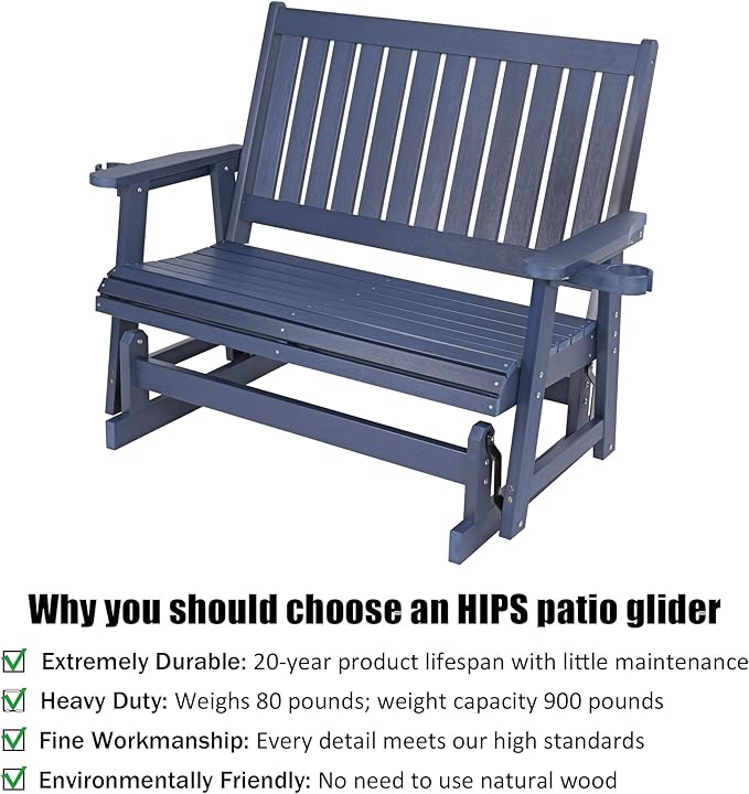 HIPS Patio Glider with Cup Holders, Durable Poly Lumber Material, All-Weather Resistant - Photo 4