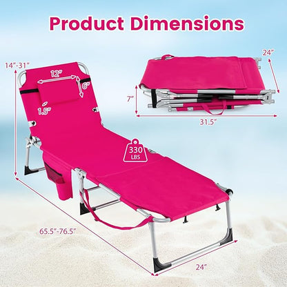 Goplus Tanning Chair with Face Arm Holes, Portable Sunbathing Chair w/4-Level Backrest, Head Pillow, Patio Lay Flat Folding Chaise Lounge with Side Pocket, Shoulder Strap for Pool Beach (2,Pink)